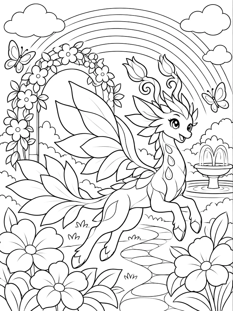 Dibujo en blanco y negro de dragón arcoíris fácil para colorear, Irisprout (fácil)
