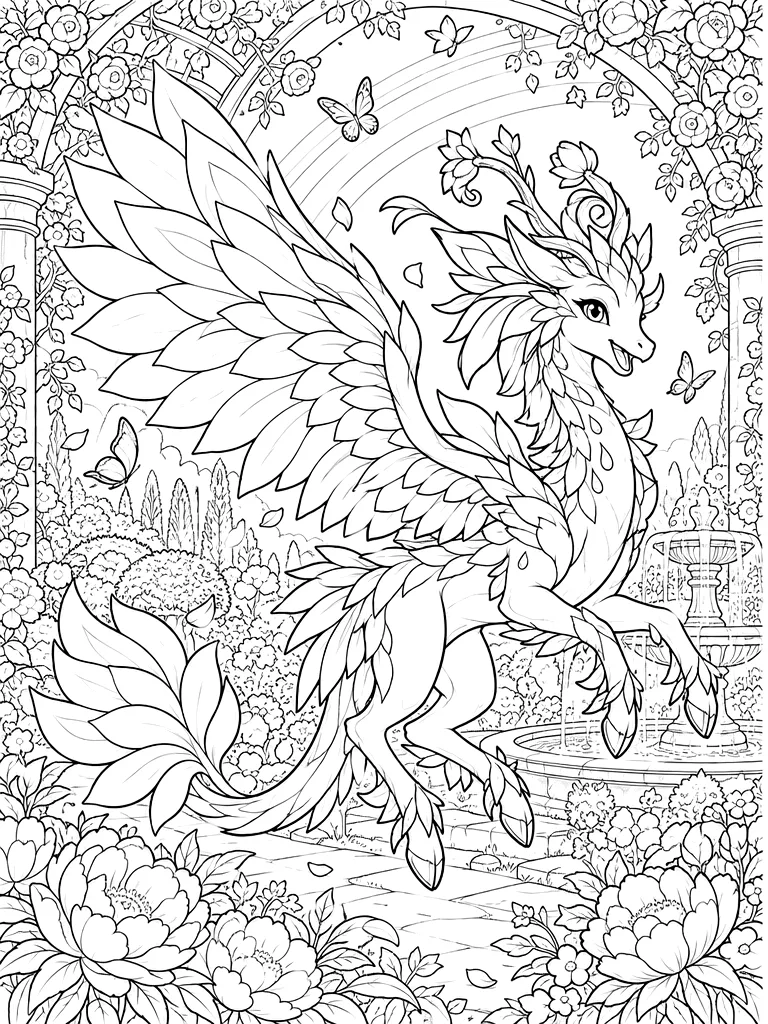 Irisprout rainbow garden dragon as black-and-white printable coloring line art in a garden trellis, broad rainbow, large flowers, winding path, round fountain, bushes, butterflies, and clouds