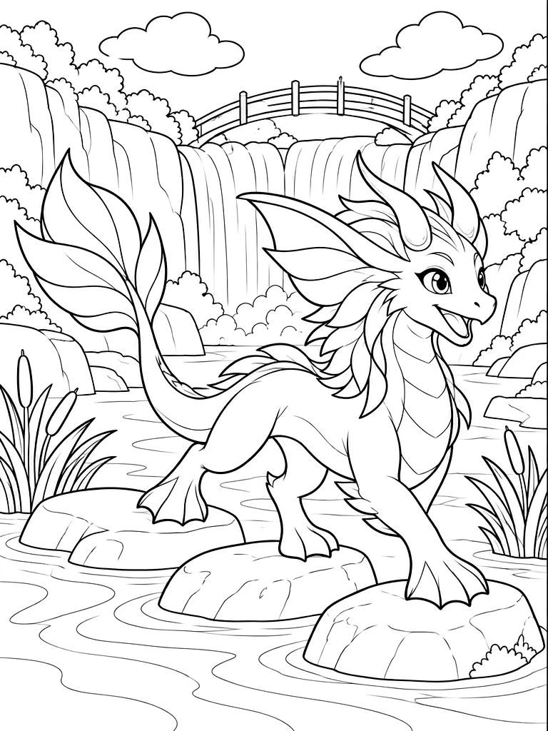 Dibujo en blanco y negro de dragón de la cascada fácil para colorear, Rivermist (fácil)