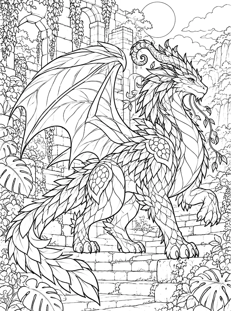Verdantis jungle temple dragon as black-and-white printable coloring line art in overgrown stone temple ruins, broad stairs, tropical leaves, hanging vines, a round sun opening, orchids, and jungle canopy