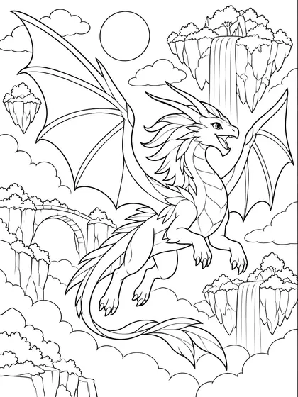 Dibujo en blanco y negro de dragón de la isla flotante fácil para colorear, Aerosail (fácil)