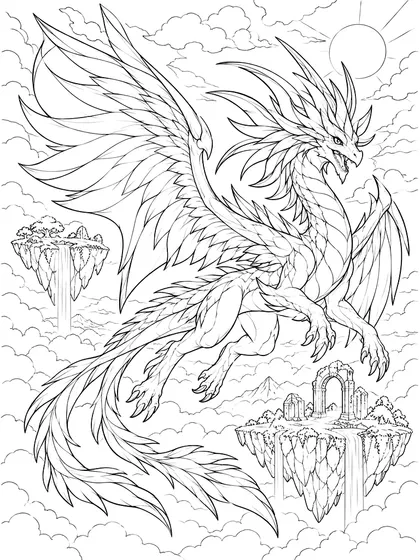 Floating Island Dragon coloring page - Aerosail floating island sky dragon as black-and-white printable coloring line art in floating grassy islands, waterfalls falling into clouds, a stone arch ruin, sun, and layered clouds