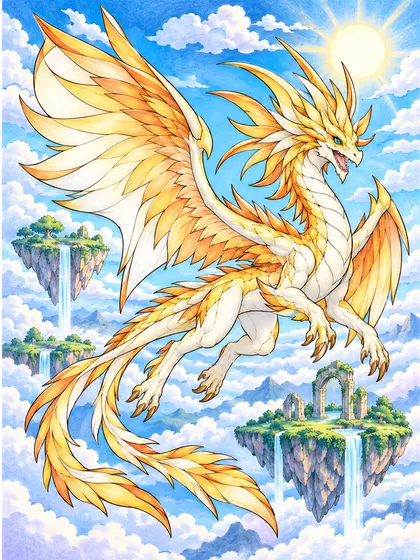 Floating Island Dragon coloring page color example - Aerosail floating island sky dragon as sky blue, turquoise, white, soft gold, emerald, lavender, and warm gray colored reference illustration in floating grassy islands, waterfalls falling into clouds, a stone arch ruin, sun, and layered clouds