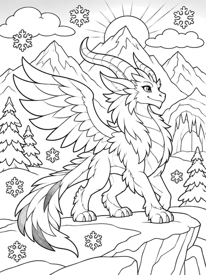 Dibujo en blanco y negro de dragón de la nieve fácil para colorear, Alpinaire (fácil)
