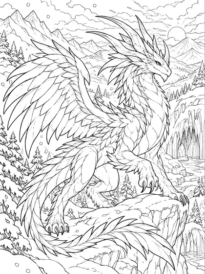 Snow Mountain Dragon coloring page - Alpinaire snowy mountain rescue dragon as black-and-white printable coloring line art in snowy peaks, a wide ledge, pine trees, ice cave arch, snowflakes, and sunrise clouds