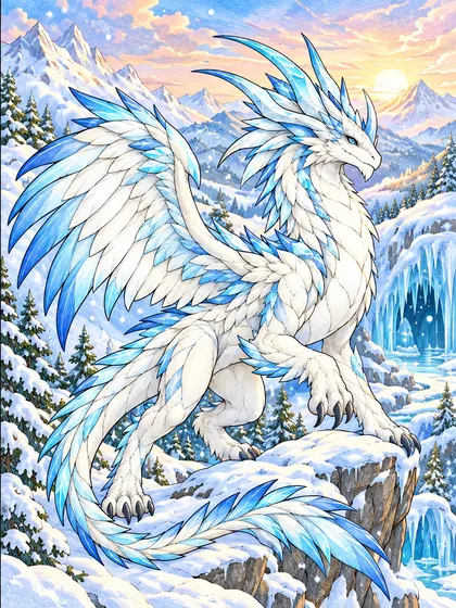 Snow Mountain Dragon coloring page color example - Alpinaire snowy mountain rescue dragon as pearl white, icy cyan, cobalt, warm gray, pine green, peach, and pale gold colored reference illustration in snowy peaks, a wide ledge, pine trees, ice cave arch, snowflakes, and sunrise clouds