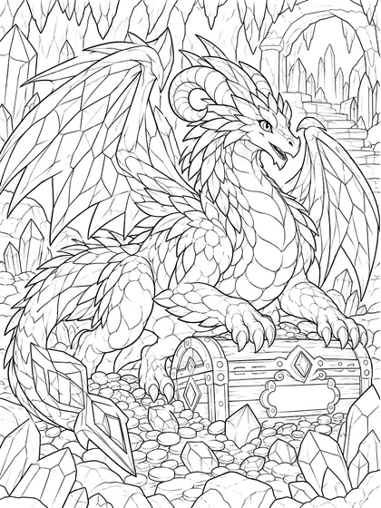 Treasure Dragon coloring page - Aurevault treasure cave dragon as black-and-white printable coloring line art in an arched crystal cavern with a treasure chest, large coins, gems, stone steps, and stalactites