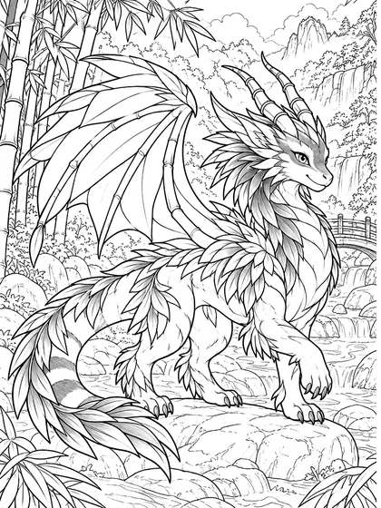 Bamboo Dragon coloring page - Bamburo bamboo valley dragon as black-and-white printable coloring line art in a tall bamboo grove, curved wooden bridge, gentle stream, smooth rocks, broad leaves, misty hills, and a small waterfall