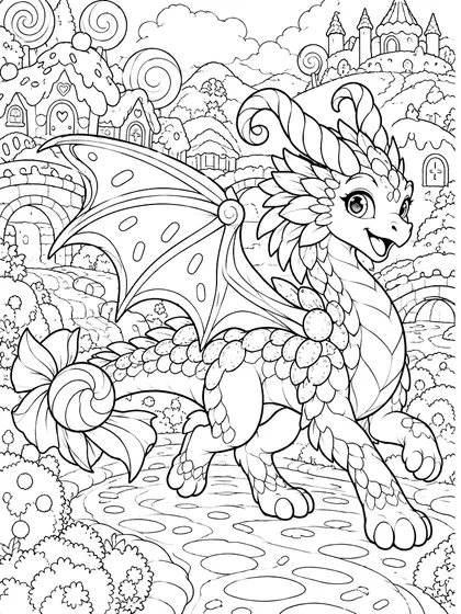 Candy Dragon coloring page - Candylume candy village dragon as black-and-white printable coloring line art in candy-like cottages, lollipop trees, gumdrop hills, a chocolate-style bridge, puffy clouds, and a frosting-like path