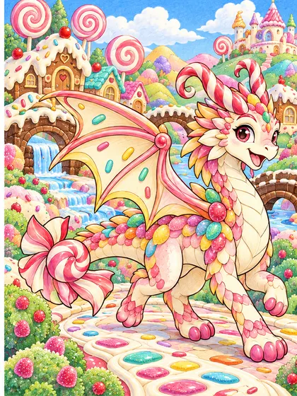 Candy Dragon coloring page color example - Candylume candy village dragon as strawberry pink, lemon yellow, mint, turquoise, lavender, cream, chocolate brown, and cherry red colored reference illustration in candy-like cottages, lollipop trees, gumdrop hills, a chocolate-style bridge, puffy clouds, and a frosting-like path