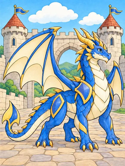 Easy Castle Dragon coloring page color example - Castelian Easy castle guardian dragon as royal blue, warm gold, cream, light gray, terracotta, green, and sky blue colored reference illustration in a simple castle courtyard with one arch, two towers, a broad path, three clouds, and low hills