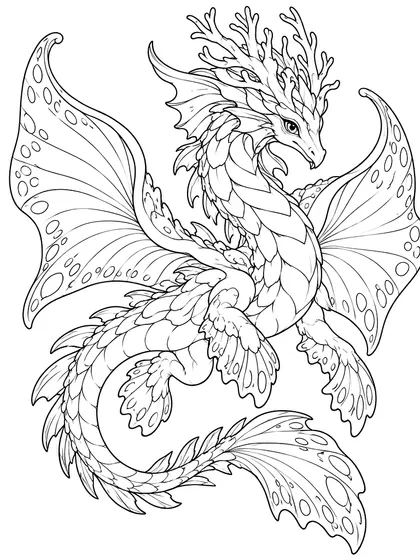 산호 해룡 색칠공부 도안 - 흰 배경의 코랄리스 산호초 해양 드래곤 흑백 선화 색칠공부 도안