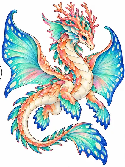 산호 해룡 색칠공부 컬러 예시 - 흰 배경의 코랄리스 산호초 해양 드래곤 코랄 오렌지·터키석·바다 초록·크림·코발트·분홍색 컬러 완성 참고 이미지