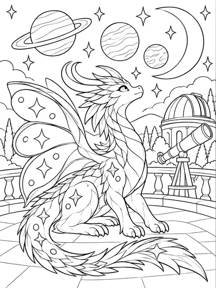 Dibujo en blanco y negro de dragón del observatorio fácil para colorear, Cosmion (fácil)