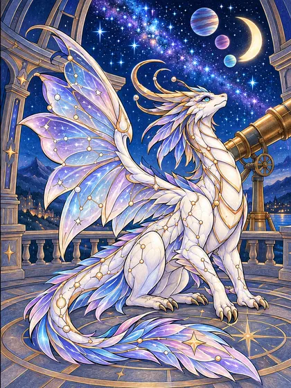 Cosmion star observatory dragon as midnight indigo, violet, cyan, pearl white, rose gold, brass, and deep blue colored reference illustration in an observatory dome, telescope, crescent moon, planets, star clusters, terrace railing, and distant hills