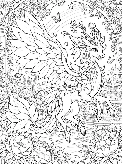 정원 아치와 넓은 무지개, 큰 꽃, 굽은 길, 원형 분수, 덤불, 나비, 구름이 있는 정원의 아이리스프라우트 무지개정원 드래곤 흑백 선화 색칠공부 도안