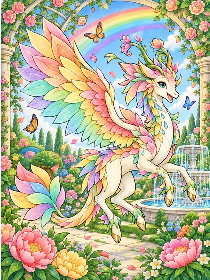 Irisprout rainbow garden dragon as coral, yellow, mint, turquoise, violet, rose pink, cream, green, and blue colored reference illustration in a garden trellis, broad rainbow, large flowers, winding path, round fountain, bushes, butterflies, and clouds