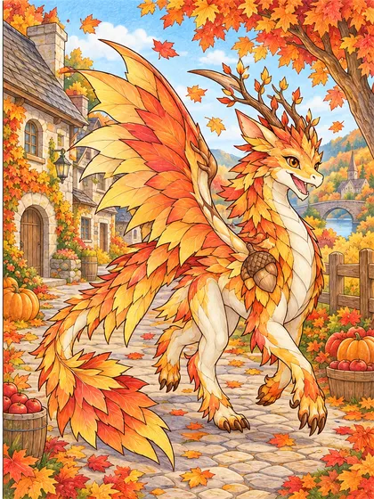 Maplekin autumn village dragon as russet orange, maple red, golden yellow, cream, moss green, brown, and sky blue colored reference illustration in stone cottages, a curved lane, wooden fence, pumpkins, apple basket, maple tree, drifting leaves, and hills