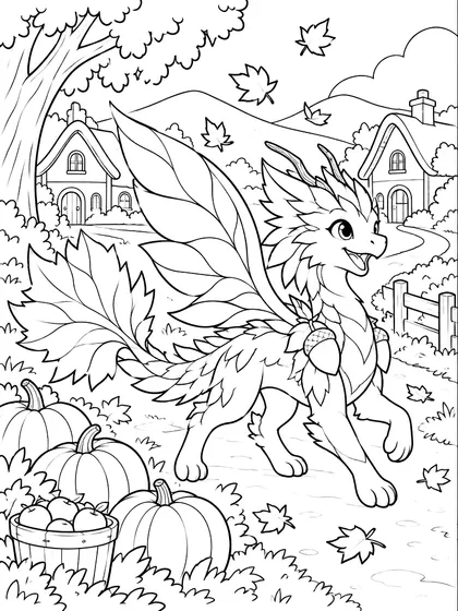 Easy Autumn Dragon coloring page - Maplekin Easy autumn village dragon as black-and-white printable coloring line art in two large cottages, a wide curved lane, short fence, three pumpkins, apple basket, maple tree, seven leaves, and two hills