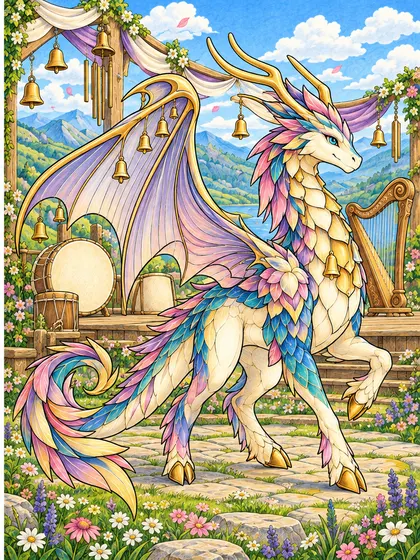 Music Dragon coloring page color example - Melodrake music meadow dragon as violet, peacock teal, warm gold, cream, rose pink, meadow green, and sky blue colored reference illustration in a flower meadow, simple wooden stage, blank drums, standing harp, hanging bells, wind chimes, distant hills, and clouds