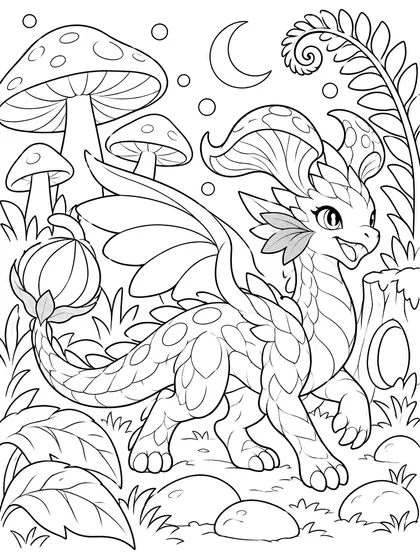 Dibujo en blanco y negro de dragón de las setas fácil para colorear, Myceluna (fácil)