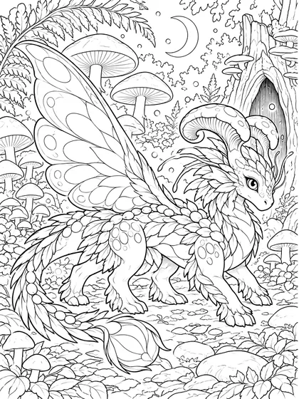 Myceluna moonlit mushroom forest dragon as black-and-white printable coloring line art in oversized mushrooms, a fern arch, hollow stump, crescent moon, glowing dots, leaves, and smooth stones