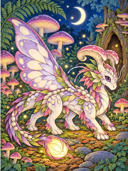 Myceluna moonlit mushroom forest dragon as lavender, raspberry pink, moss green, cream, midnight blue, warm yellow, and brown colored reference illustration in oversized mushrooms, a fern arch, hollow stump, crescent moon, glowing dots, leaves, and smooth stones