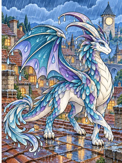 Rain Dragon coloring page color example - Pluvielle rainy rooftop town dragon as deep teal, periwinkle, plum, silver gray, warm gold, terracotta, and rainy blue colored reference illustration in old-town rooftops, chimneys, round attic windows, broad rain clouds, large raindrops, puddles, and a distant blank clock tower