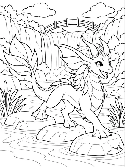 Dibujo en blanco y negro de dragón de la cascada fácil para colorear, Rivermist (fácil)