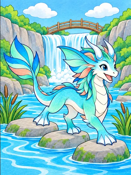 Easy Waterfall Dragon coloring page color example - Rivermist Easy waterfall valley dragon as turquoise, cobalt, white, mint, coral, light gray, green, and sky blue colored reference illustration in one wide waterfall, a curved river, three stepping stones, two reed clumps, two cliffs, a footbridge, and two clouds