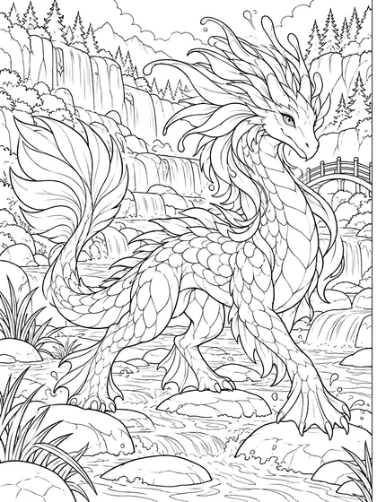 Waterfall Dragon coloring page - Rivermist waterfall valley dragon as black-and-white printable coloring line art in a tiered waterfall, curved river, stepping stones, reeds, rounded cliffs, footbridge, and distant pines