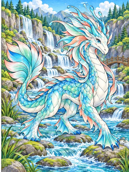 Modelo en color de dragón de la cascada para colorear, Rivermist