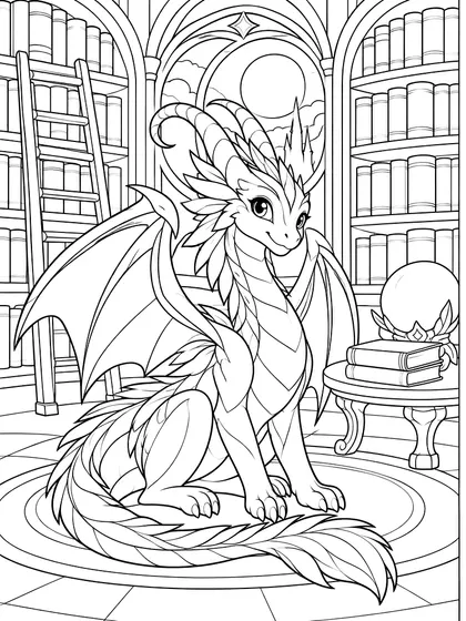 Dibujo en blanco y negro de dragón de la biblioteca fácil para colorear, Runescribe (fácil)