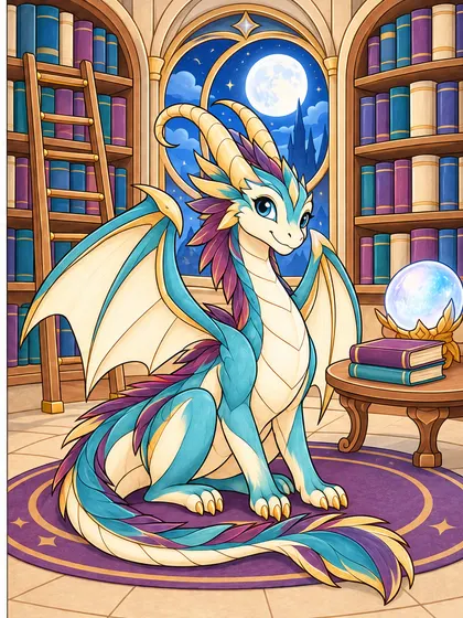 Easy Library Dragon coloring page color example - Runescribe Easy enchanted library dragon as teal, cream, plum, gold, warm brown, violet, and sky blue colored reference illustration in two large bookshelves, a five-rung ladder, moon window, small table, two books, and one glowing orb