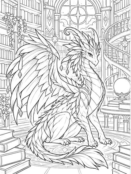 Runescribe enchanted library dragon as black-and-white printable coloring line art in a circular library with arched shelves, a spiral stair, moon window, reading table, books, and a glowing orb