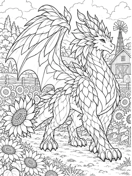 Solseed sunflower farm dragon as black-and-white printable coloring line art in a sunflower field, simple barn, curved fence, hay bales, small windmill, rolling farmland, and sunny clouds