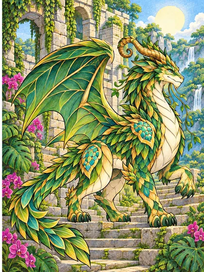 Modelo en color de dragón del templo de la selva para colorear, Verdantis
