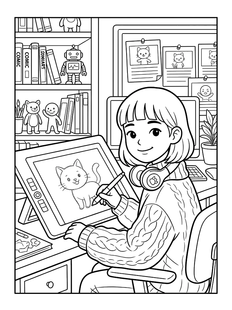 Dibujo en blanco y negro de animadora para colorear