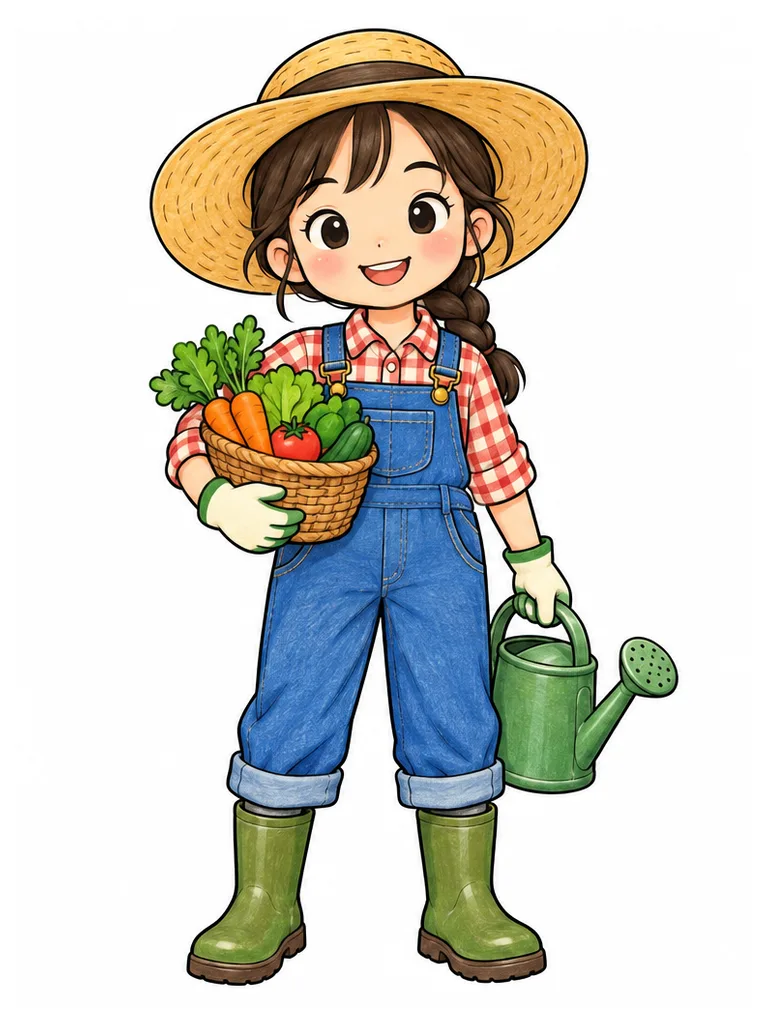 리프 그린, 데님 블루, 토마토 레드, 써니 옐로우 배색으로 칠한 농부 아름 컬러 참고본