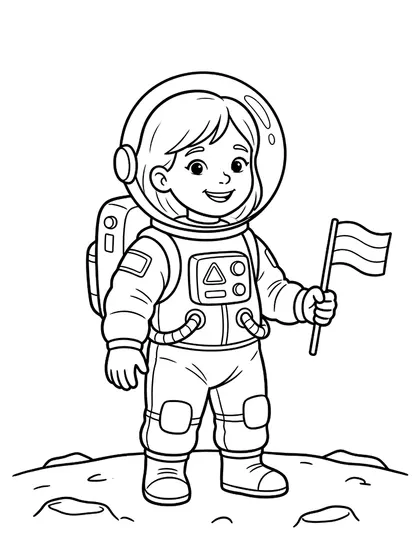 Black-and-white coloring line art of Luna the Astronaut with puffy spacesuit, clear spherical helmet, life-support backpack, mission flag on a white background