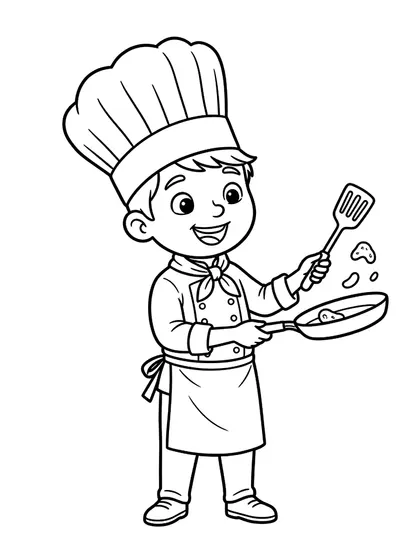 Black-and-white coloring line art of Pierre the Chef with tall toque chef hat, culinary jacket, red neckerchief, frying pan, spatula on a white background