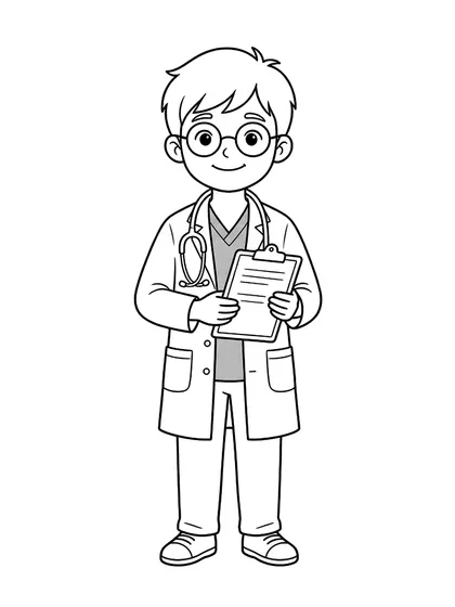 Black-and-white coloring line art of Minho the Doctor with white doctor coat, mint scrubs, stethoscope, clipboard chart on a white background