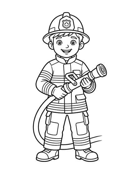 Black-and-white coloring line art of Leo the Firefighter with fire-retardant suit, safety helmet, water hose nozzle, heavy boots on a white background