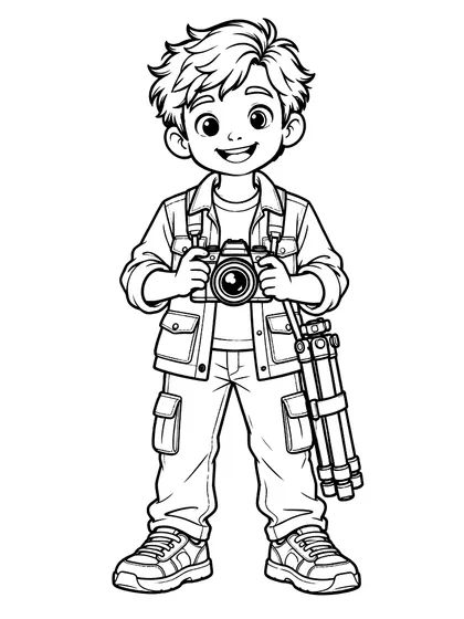 Black-and-white coloring line art of Robin the Photographer with field jacket, camera, compact folded tripod on a white background