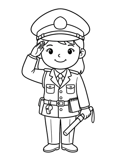 흰 배경에 남색 경찰 제복, 경찰모, 호루라기, 경광봉을 갖춘 경찰관 하나를 그린 흑백 색칠공부 선화