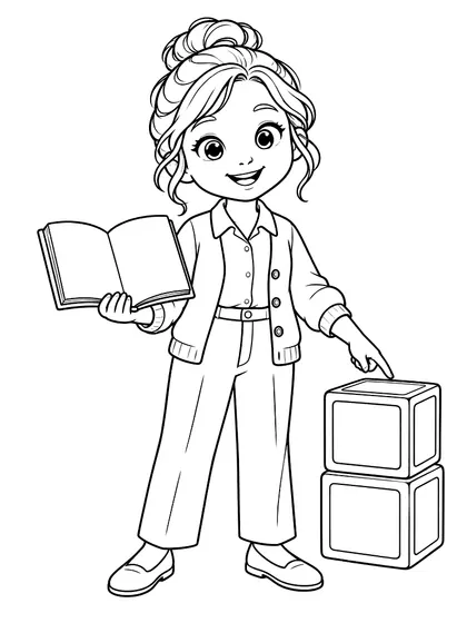 Black-and-white coloring line art of Sena the Teacher with cardigan, open picture book, blank learning blocks on a white background