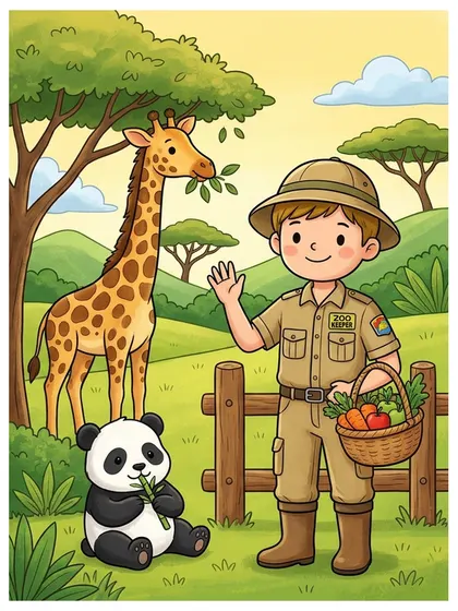 동물원 사육사 색칠공부 컬러 예시 - 사파리 카키, 뱀부 그린, 선샤인 옐로우, 웜 브라운 배색으로 칠한 사육사 민재 컬러 참고본