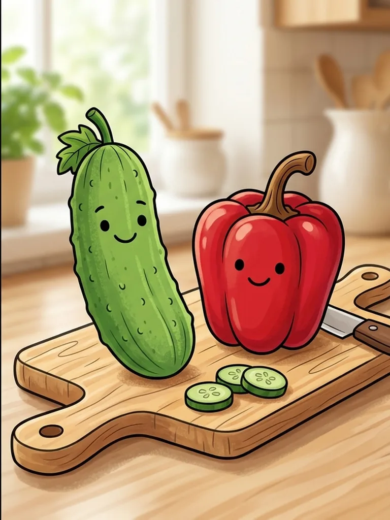 오이 그린·파프리카 루비레드·속살 라이트그린·도마 우드 배색으로 칠한 오이와 파프리카 컬러 참고본