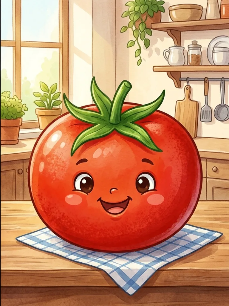 토마토 루비레드·꼭지 에메랄드그린·체크보 스카이블루 배색으로 칠한 토마토 컬러 참고본