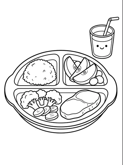 Dibujo en blanco y negro de bandeja de comida saludable para colorear